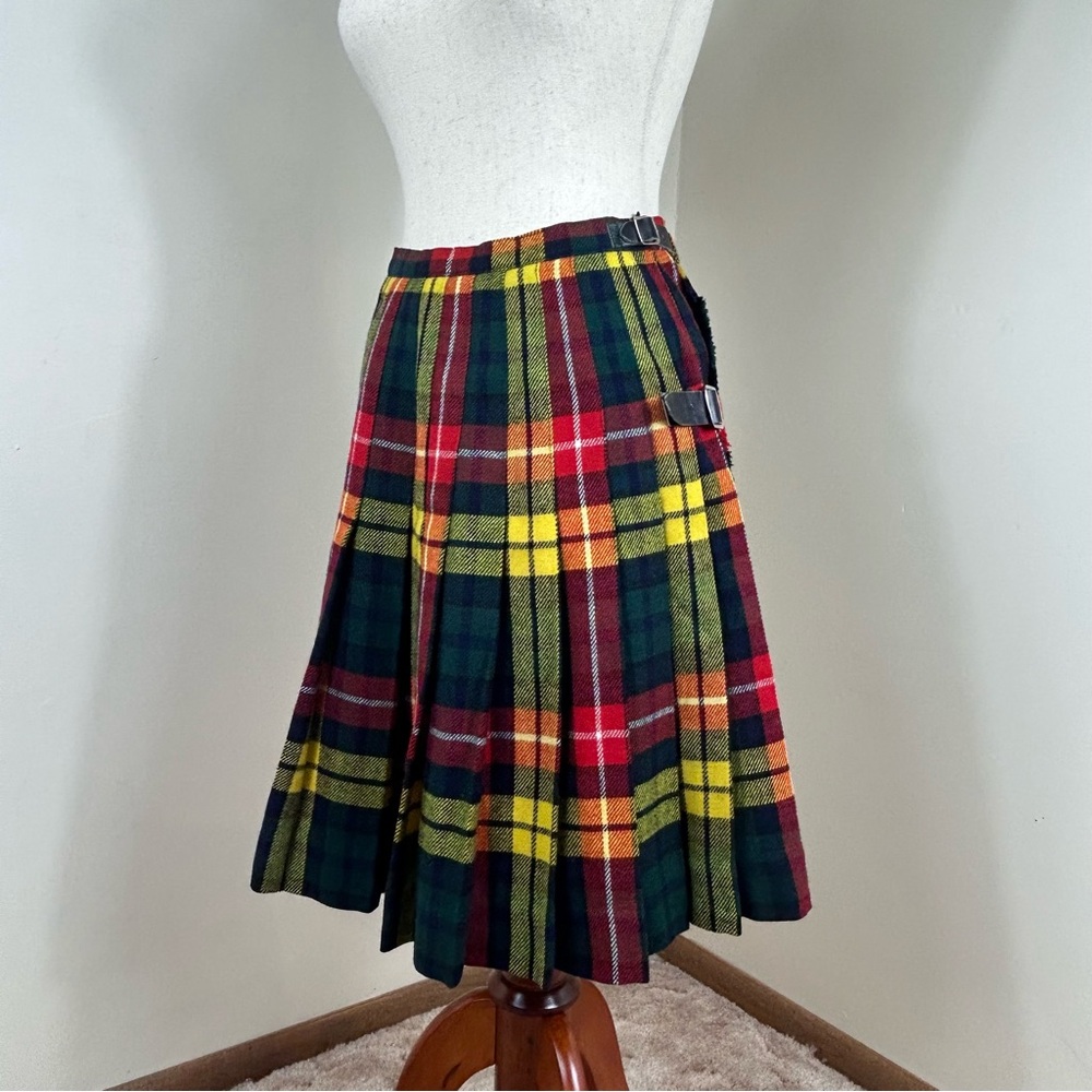 Vtg Rally Klad Womens 12 Wool Plaid Skirt Tartan Kilt Yellow Punk Academia Pleat